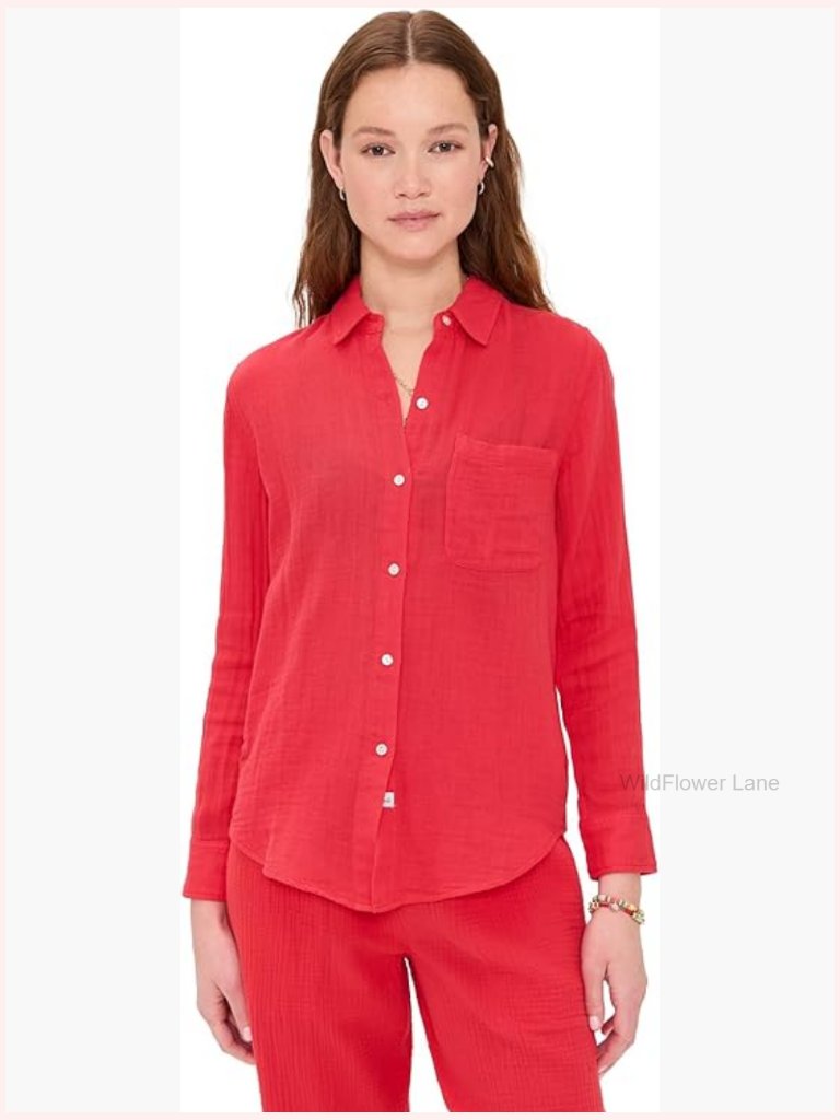 Women's Lightweight Gauze Button-Down Shirt With Pocket Long Sleeve